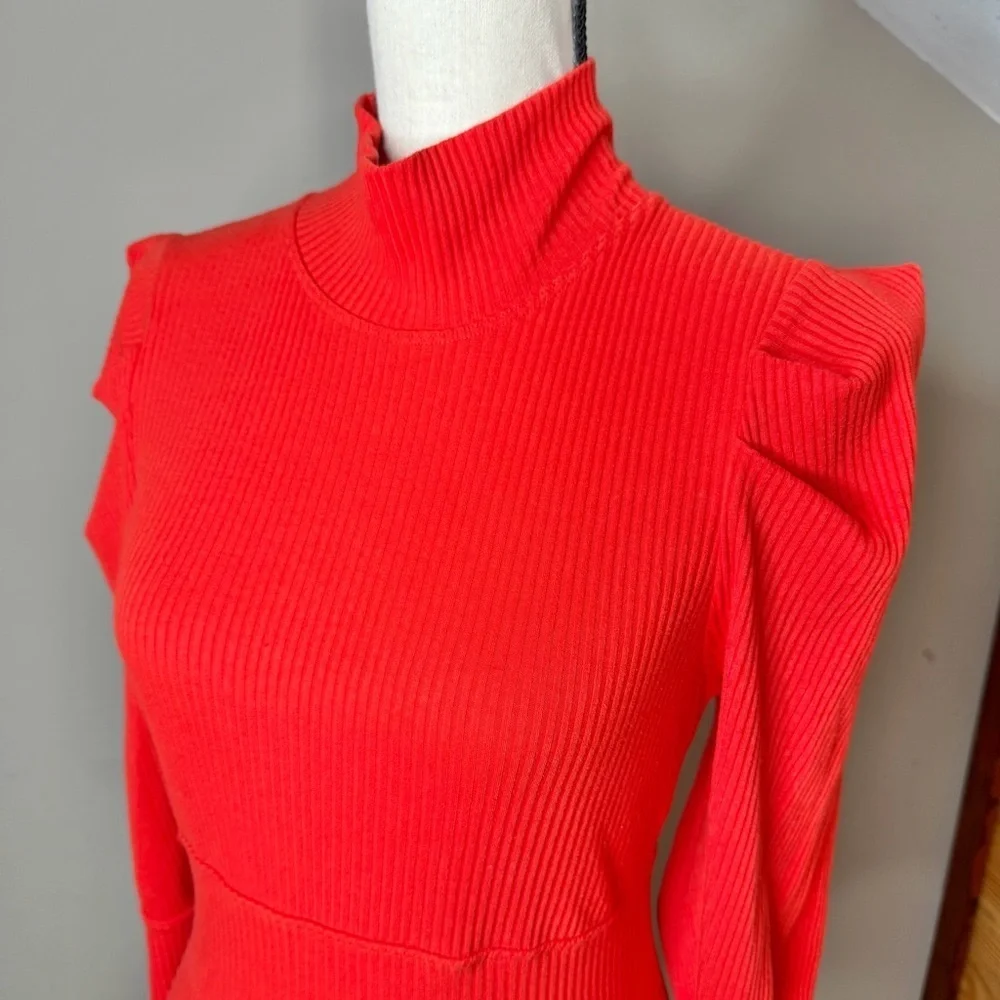 Free People Lala Cropped Puff Sleeve Mock Neck Ribbed Top Red Large L OB861565